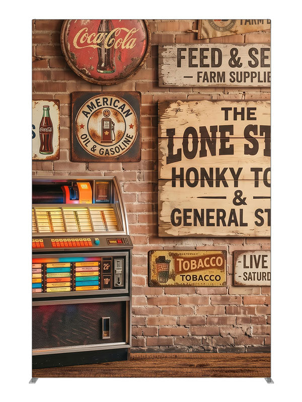 A lit retro jukebox against a red-brick wall of vintage-style roadhouse signage over a plank floor, 5ft photography backdrop panel for Denny StudioEdge silicone edge frame
