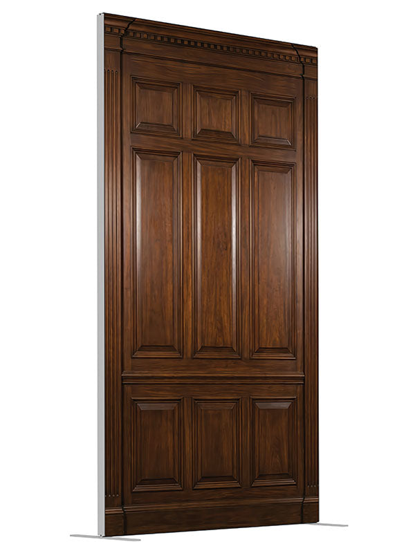 Walnut raised panel wood wall printed backdrop angled view 4ft - Denny StudioEdge SECP-8946