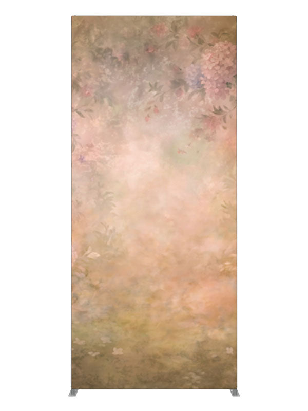 Pink and lavender hydrangeas glowing from a deep warm amber ground, 3ft photography backdrop panel for Denny StudioEdge silicone edge frame