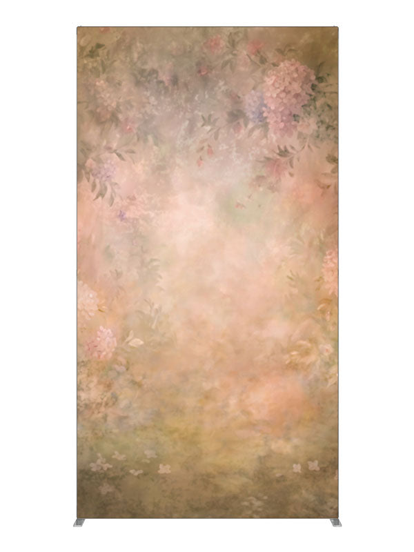 Pink and lavender hydrangeas glowing from a deep warm amber ground, 4ft photography backdrop panel for Denny StudioEdge silicone edge frame