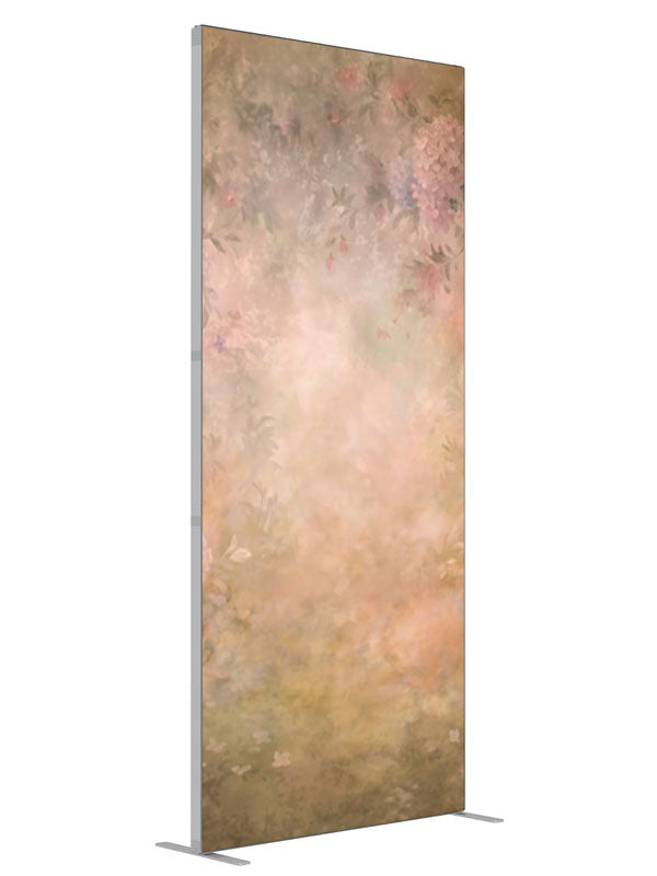 Pink and lavender hydrangeas glowing from a deep warm amber ground, 3ft photography backdrop panel for Denny StudioEdge silicone edge frame