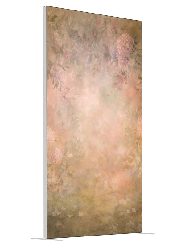 Pink and lavender hydrangeas glowing from a deep warm amber ground, 4ft photography backdrop panel for Denny StudioEdge silicone edge frame