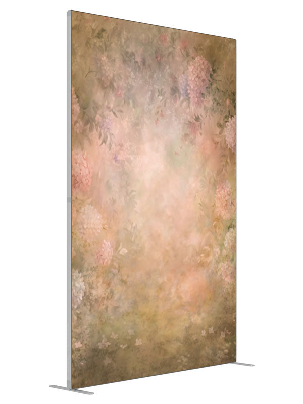 Pink and lavender hydrangeas glowing from a deep warm amber ground, 5ft photography backdrop panel for Denny StudioEdge silicone edge frame
