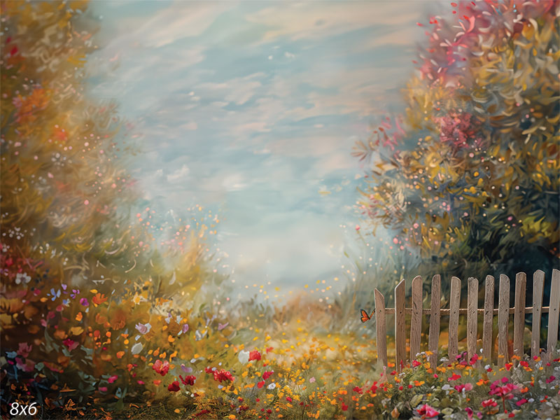 Horizontal photography backdrop featuring a whimsical wildflower meadow, soft pastel sky, and rustic wooden fence, ideal for spring sessions with children or fantasy-themed portraits.