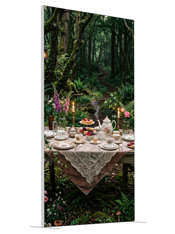 A storybook tea-party table with florals and candlelight set in a mossy enchanted forest with lanterns, 4ft photography backdrop panel for Denny StudioEdge silicone edge frame, angled view