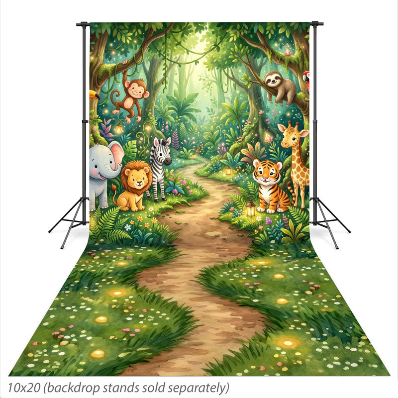 Jungle Friends Whimsical Jungle with Friendly Cartoon Animals photography backdrop shown extending down onto the studio floor CP-8971