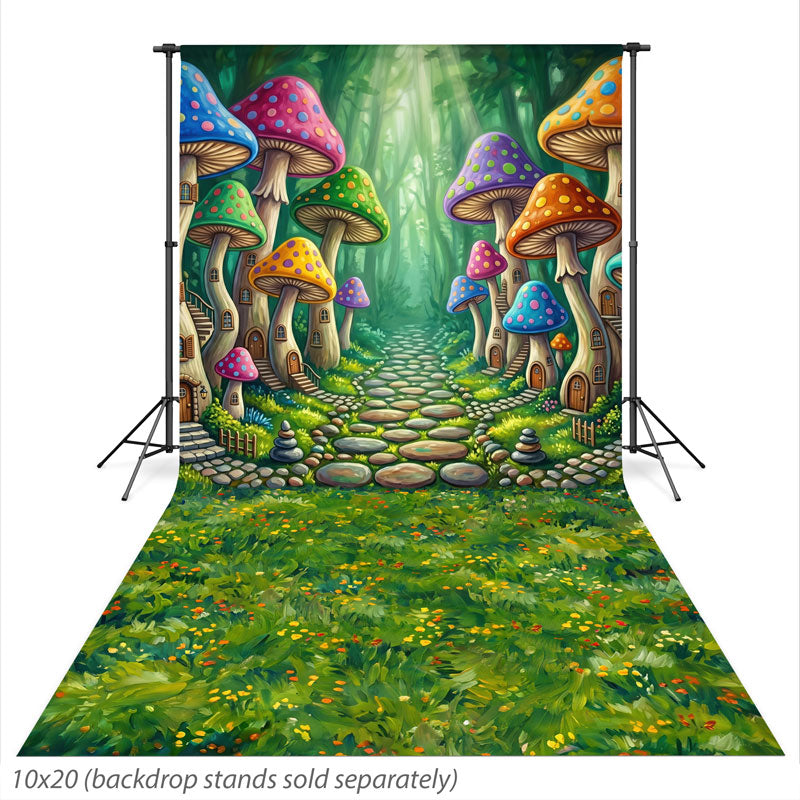 Toadstool Hollow Whimsical Mushroom Cottage Forest photography backdrop shown extending down onto the studio floor CP-8975