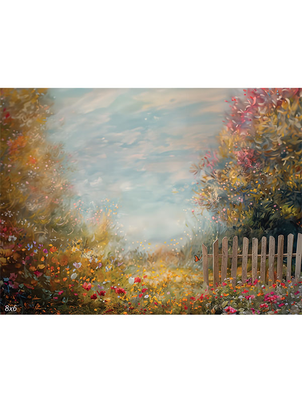 Whimsical floral meadow backdrop with pastel sky and rustic fence, designed for spring-themed horizontal portraits and fantasy-style photo shoots.
