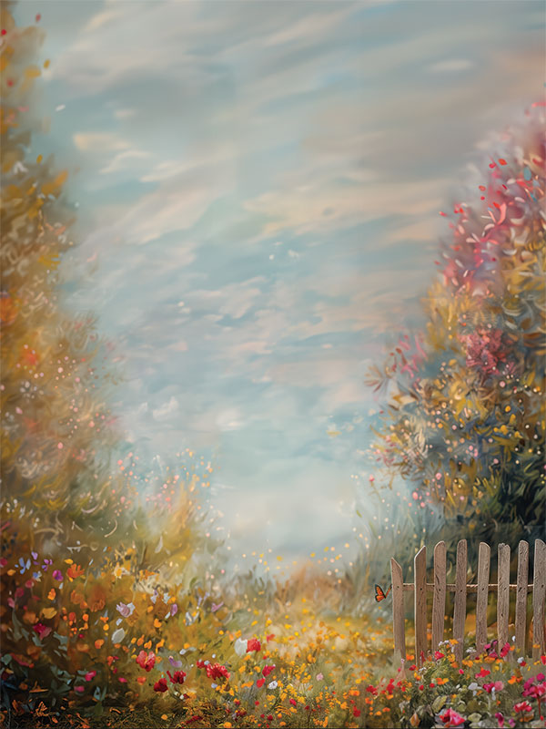 Vertical garden-themed photography backdrop showcasing a dreamy wildflower meadow, pastel sky, and wooden fence, perfect for spring or children’s portraits.