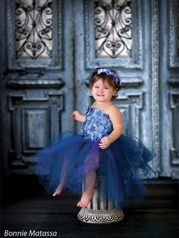whimsical-toddler-portrait-backdrop-blue-doors_CP-7513
Smiling toddler girl in a layered blue tutu dress sits atop a decorative pedestal in front of an antique blue door backdrop, perfect for fairy-tale themed child portraits.