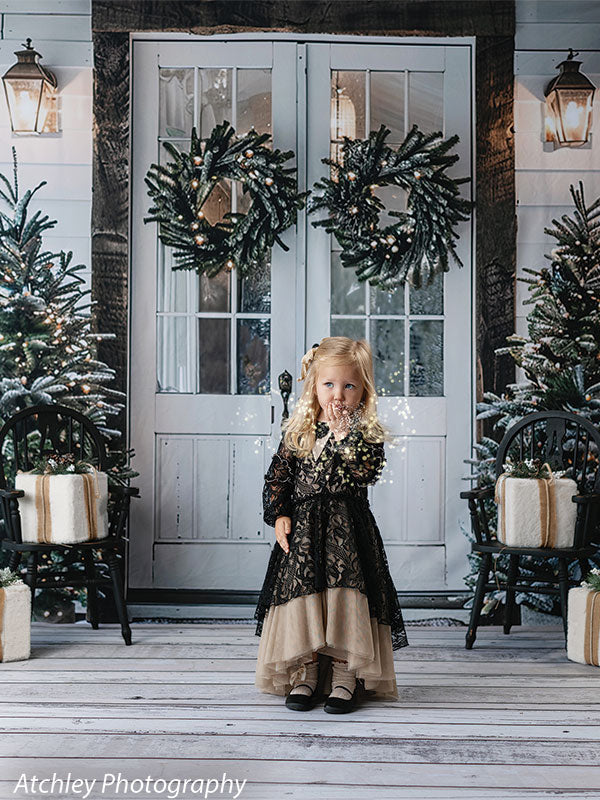 Farmhouse Christmas Porch Backdrop with Double Doors & Wreaths - Denny Mfg Farmhouse Christmas Porch Backdrop with Double Doors & Wreaths - Denny Mfg