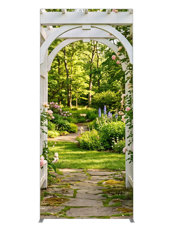White garden arbor with climbing pink roses over a flagstone path into a shaded green garden, 3ft photography backdrop panel for Denny StudioEdge silicone edge frame