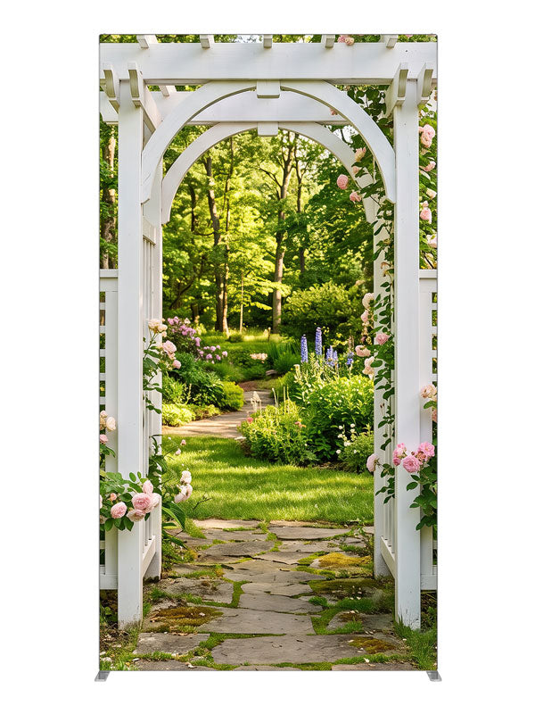White garden arbor with climbing pink roses over a flagstone path into a shaded green garden, 4ft photography backdrop panel for Denny StudioEdge silicone edge frame