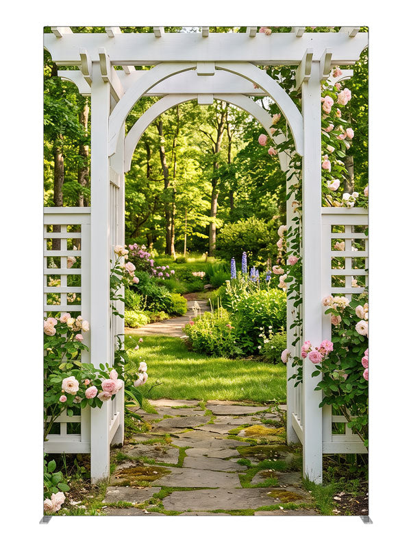 White garden arbor with climbing pink roses over a flagstone path into a shaded green garden, 5ft photography backdrop panel for Denny StudioEdge silicone edge frame