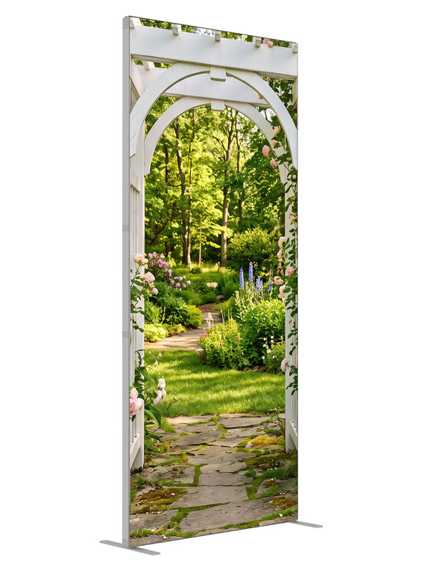 White garden arbor with climbing pink roses over a flagstone path into a shaded green garden, 3ft photography backdrop panel for Denny StudioEdge silicone edge frame, angled view