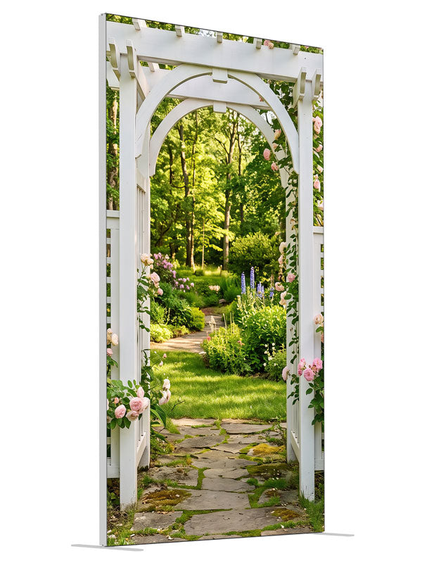 White garden arbor with climbing pink roses over a flagstone path into a shaded green garden, 4ft photography backdrop panel for Denny StudioEdge silicone edge frame, angled view