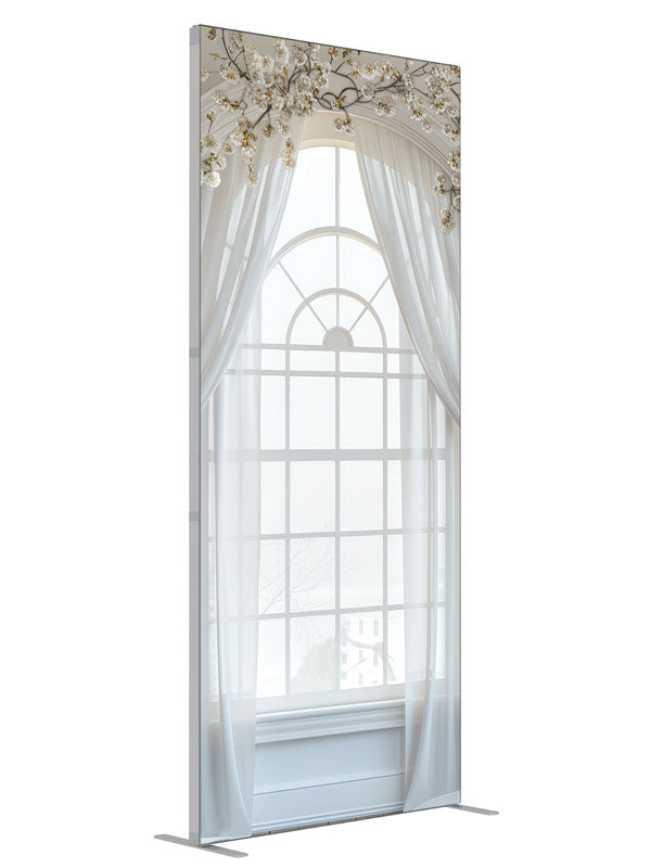 White Sheer Floral Window shown at an angled view, photography backdrop panel for Denny StudioEdge silicone edge frame, 3 ft