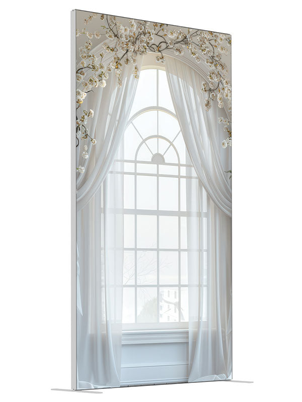 White Sheer Floral Window shown at an angled view, photography backdrop panel for Denny StudioEdge silicone edge frame, 4 ft
