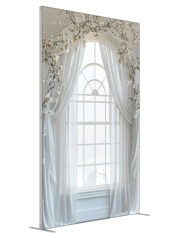 White Sheer Floral Window shown at an angled view, photography backdrop panel for Denny StudioEdge silicone edge frame, 5 ft