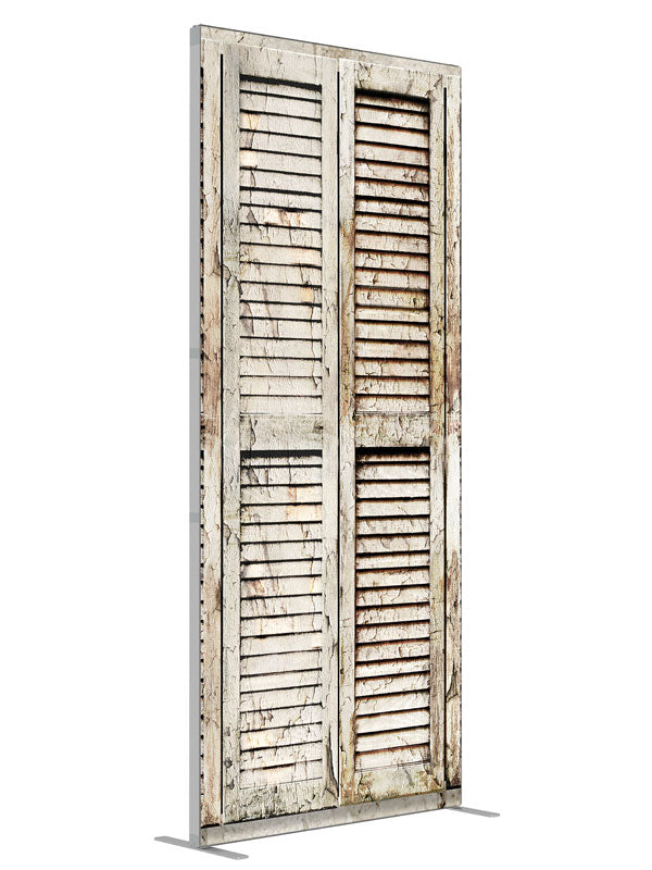 Whitewash Shutters shown at an angled view, photography backdrop panel for Denny StudioEdge silicone edge frame, 3 ft