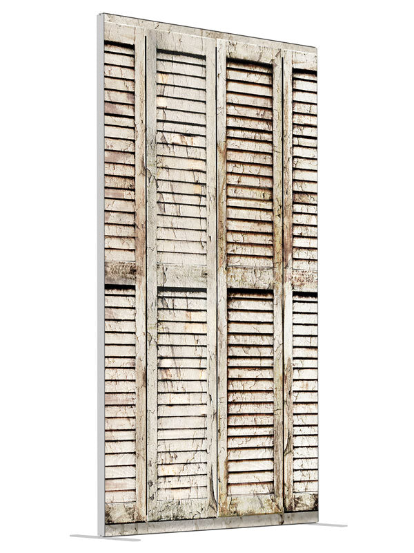 Whitewash Shutters shown at an angled view, photography backdrop panel for Denny StudioEdge silicone edge frame, 4 ft