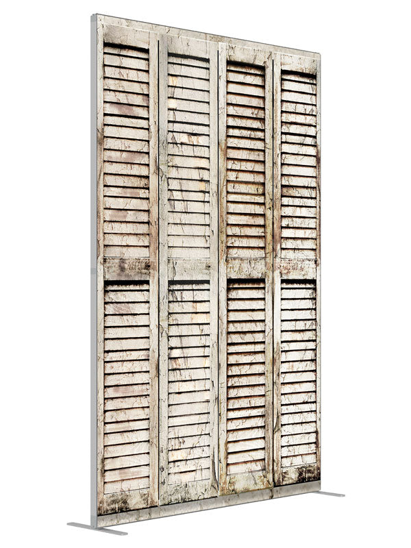 Whitewash Shutters shown at an angled view, photography backdrop panel for Denny StudioEdge silicone edge frame, 5 ft