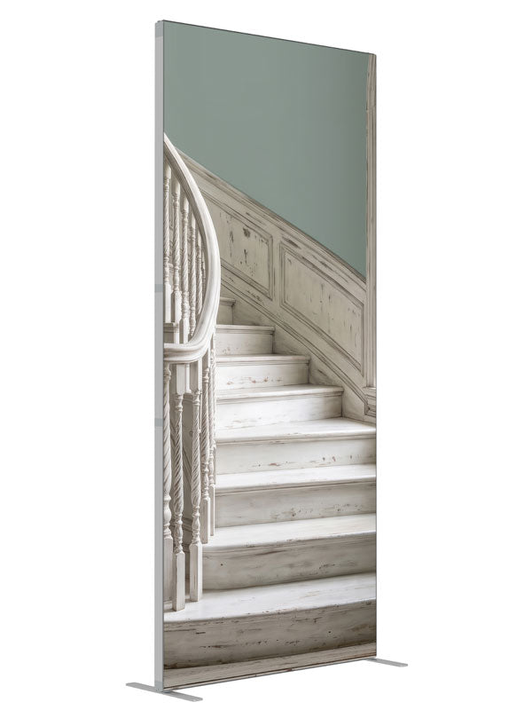 A distressed whitewashed curved staircase with sage walls and an arched window onto sunlit palms, 3ft photography backdrop panel for Denny StudioEdge silicone edge frame, angled view