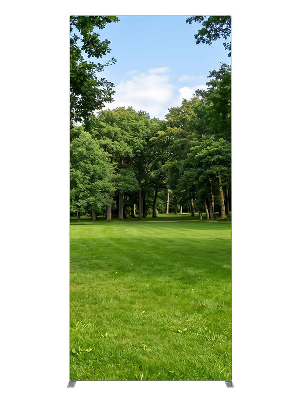 A shaded park clearing of flat lawn framed by two large trees with woodland behind, 3ft photography backdrop panel for Denny StudioEdge silicone edge frame