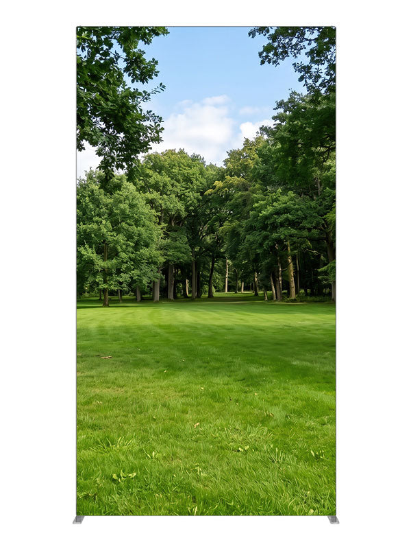 A shaded park clearing of flat lawn framed by two large trees with woodland behind, 4ft photography backdrop panel for Denny StudioEdge silicone edge frame
