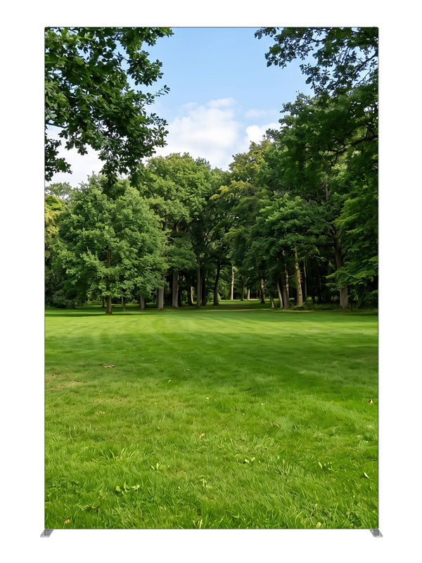 A shaded park clearing of flat lawn framed by two large trees with woodland behind, 5ft photography backdrop panel for Denny StudioEdge silicone edge frame