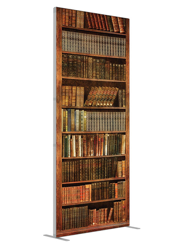 Worn Volumes Book Shelf shown at an angled view, photography backdrop panel for Denny StudioEdge silicone edge frame, 3 ft