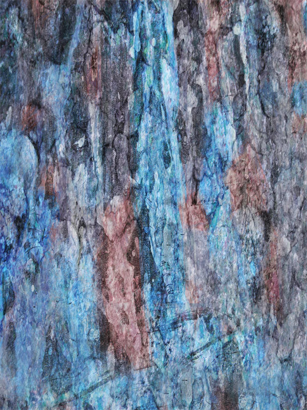 Deep blue and coral abstract backdrop with layered stone-like texture.