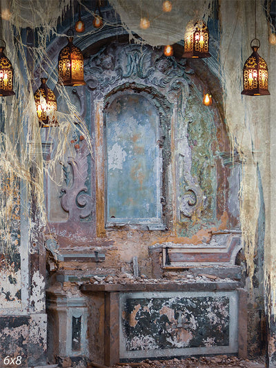 Abandoned Ornate Wall Photography Backdrop - Photography backdrop featuring a hauntingly beautiful, decaying ornate wall with intricate carvings, peeling paint, hanging lanterns, and tattered drapes.