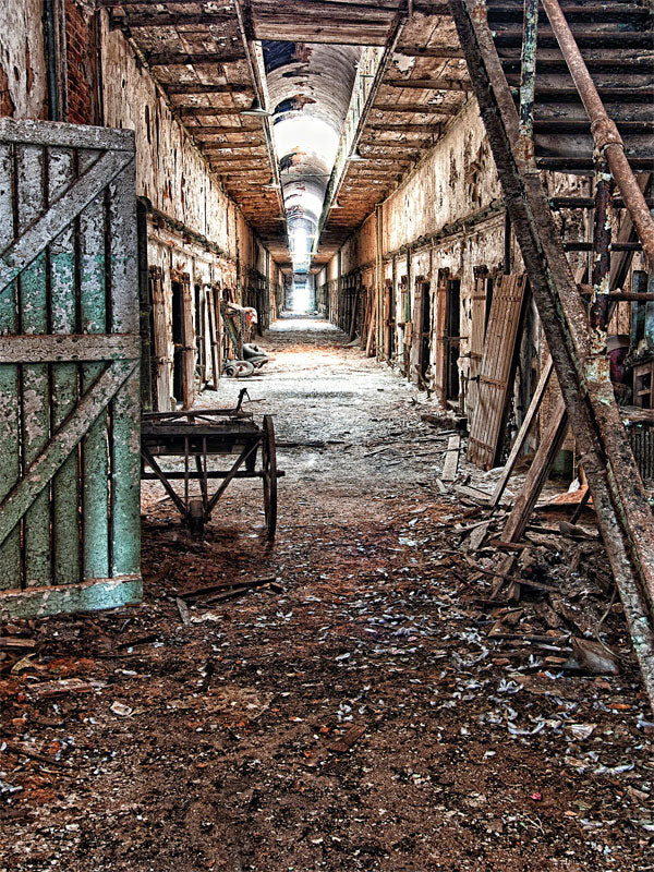 Abandoned Rustic Hallway Photography Backdrop - Abandoned hallway with decaying walls, wooden doors, debris-strewn floors, and an arched ceiling, evoking a sense of mystery and history.