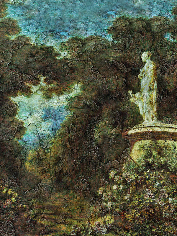 Weathered garden scene with moody textures and muted tones.