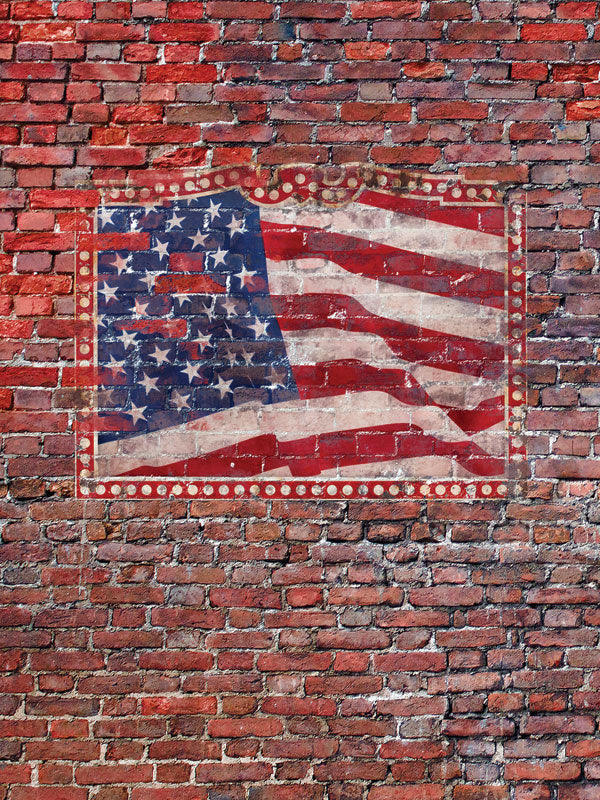 American Flag Brick Wall Photography Backdrop - American flag painted on a rugged brick wall, ideal for patriotic-themed photography backdrop.