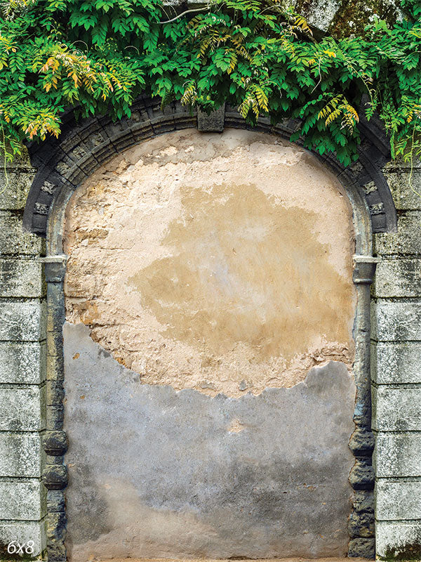 Ancient Stone Archway Photography Backdrop - Antique stone archway photography backdrop with ivy and aged stone wall, perfect for historical and fantasy photoshoots.