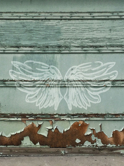 Angel Wings on Weathered Wall Photography Backdrop - Angel wings painted on a weathered wall, photography backdrop for conceptual and artistic photoshoots.