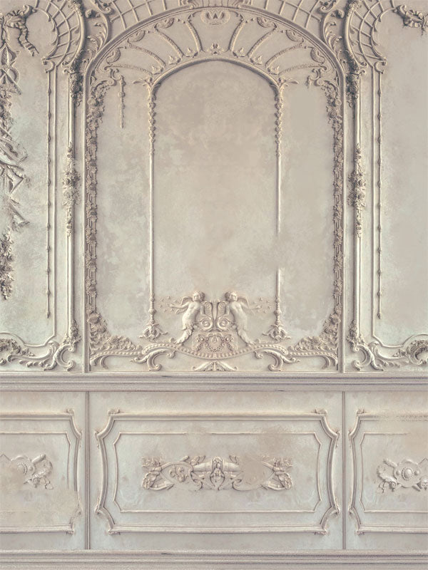 Antique Ornate Wall Photography Backdrop - Antique ornate wall photography backdrop with intricate carvings and soft beige tones, ideal for formal and elegant photoshoots.