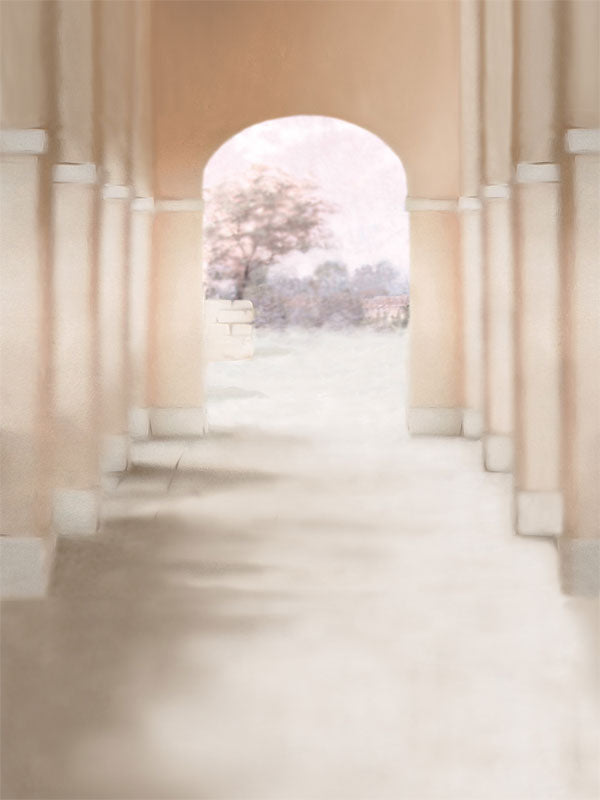 A soft, romantic photography backdrop featuring a grand archway leading to an elegant outdoor courtyard.