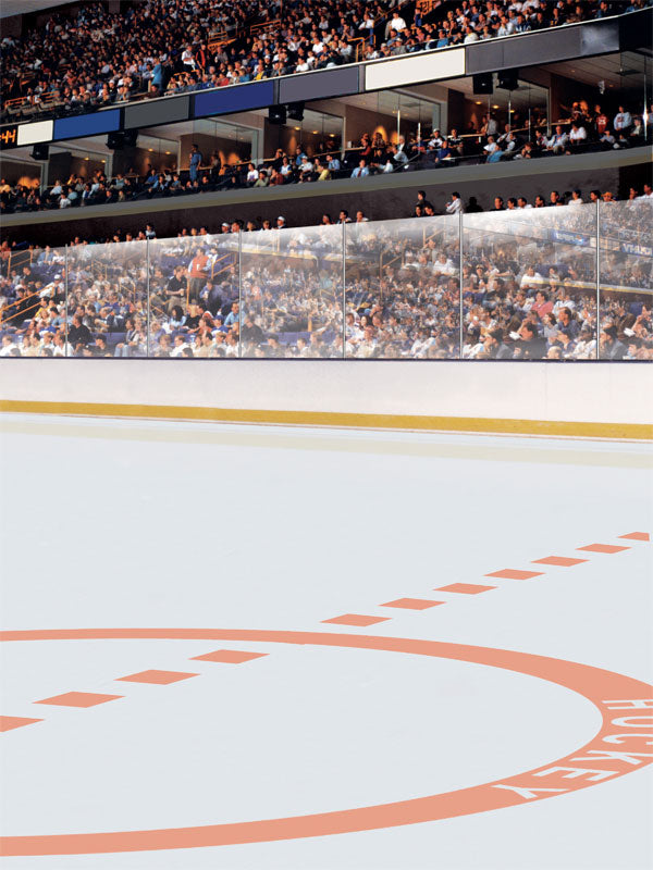 Lifelike hockey photography backdrop featuring a detailed face-off circle, spectator stands, and rink atmosphere.
