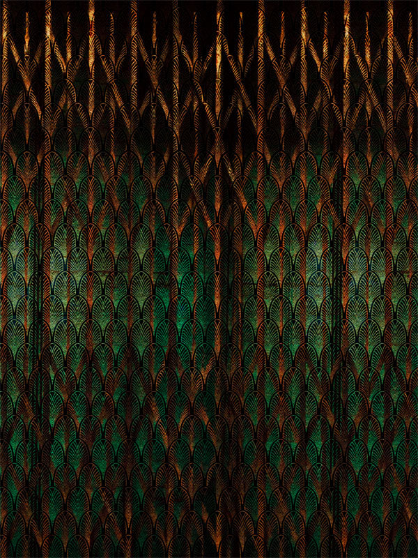 Art Deco Elegance Photography Backdrop - Art Deco fan-shaped pattern backdrop in deep green and bronze tones, ideal for vintage-themed photography sessions.