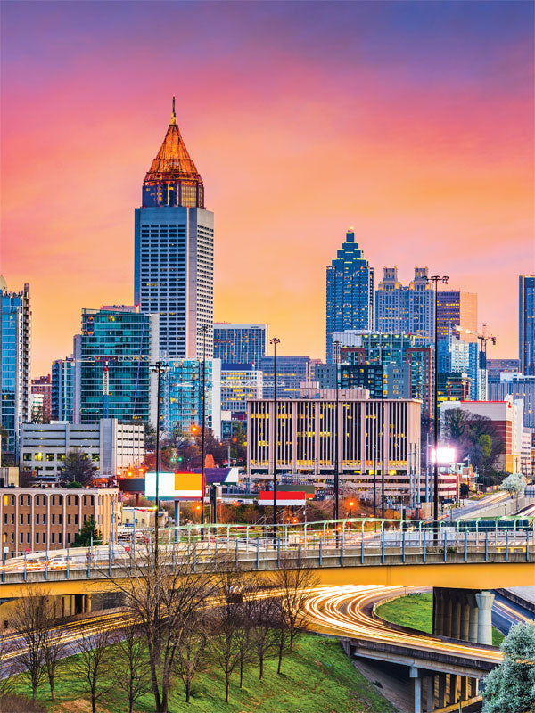 Atlanta City Skyline Photography Backdrop - Atlanta city skyline photography backdrop with a colorful sunset sky and modern architecture, perfect for urban-themed photoshoots.