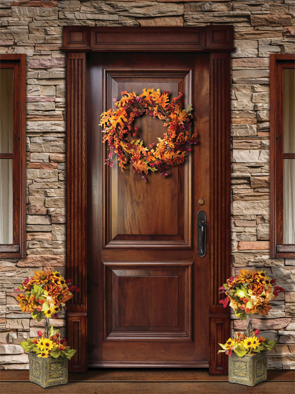 Autumn Front Door Photography Backdrop - Rustic autumn front door photography backdrop with a seasonal wreath and potted flowers, ideal for fall-themed photoshoots.