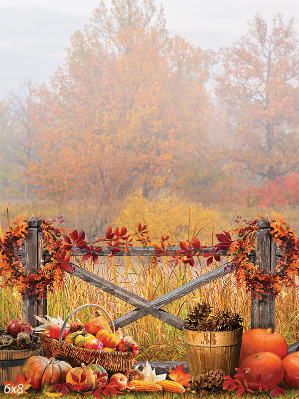 Autumn Harvest Photography Backdrop - Photography backdrop featuring an autumn scene with a rustic wooden fence, vibrant fall leaves, pumpkins, and a basket of apples.