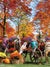 Autumn Harvest Scarecrow Photography Backdrop - A colorful autumn photography backdrop featuring cheerful scarecrows, blooming flowers, pumpkins, and vibrant fall foliage.