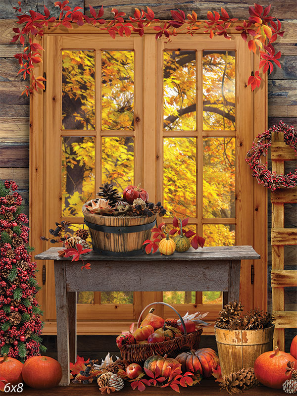 Autumn Harvest Window Photography Backdrop - Photography backdrop featuring a rustic wooden table with baskets of pumpkins, apples, pinecones, and autumn leaves, set against a window overlooking a vibrant fall landscape.