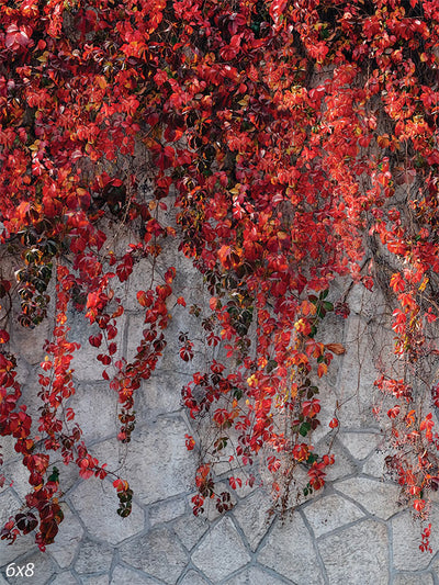 Autumn Vine Stone Wall Photography Backdrop - Photography backdrop featuring a rustic stone wall with cascading autumn vines in vibrant reds and oranges, perfect for seasonal photoshoots.