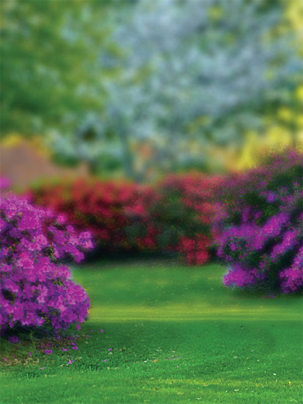 A photography backdrop featuring vibrant azalea blooms, lush greenery, and a softly blurred background for a realistic depth effect.
