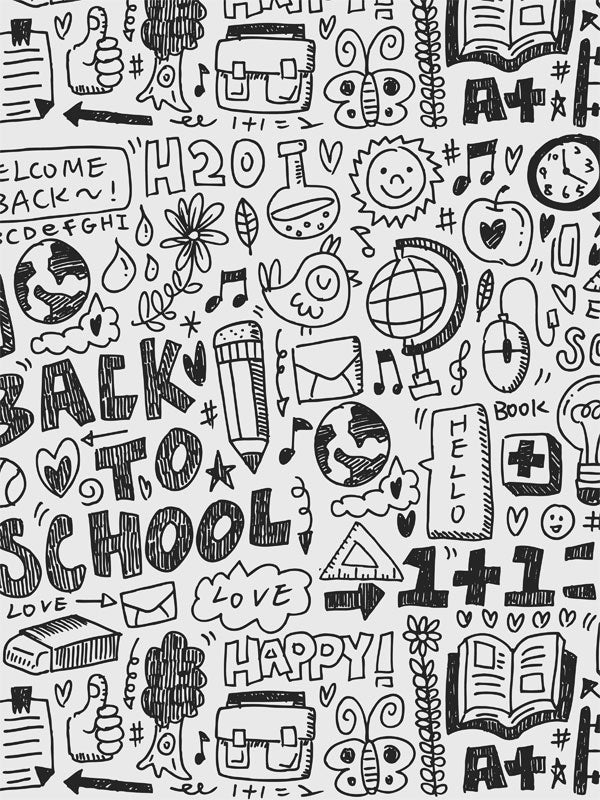 black and white doodle backdrop with school-themed drawings, ideal for back-to-school photoshoots.